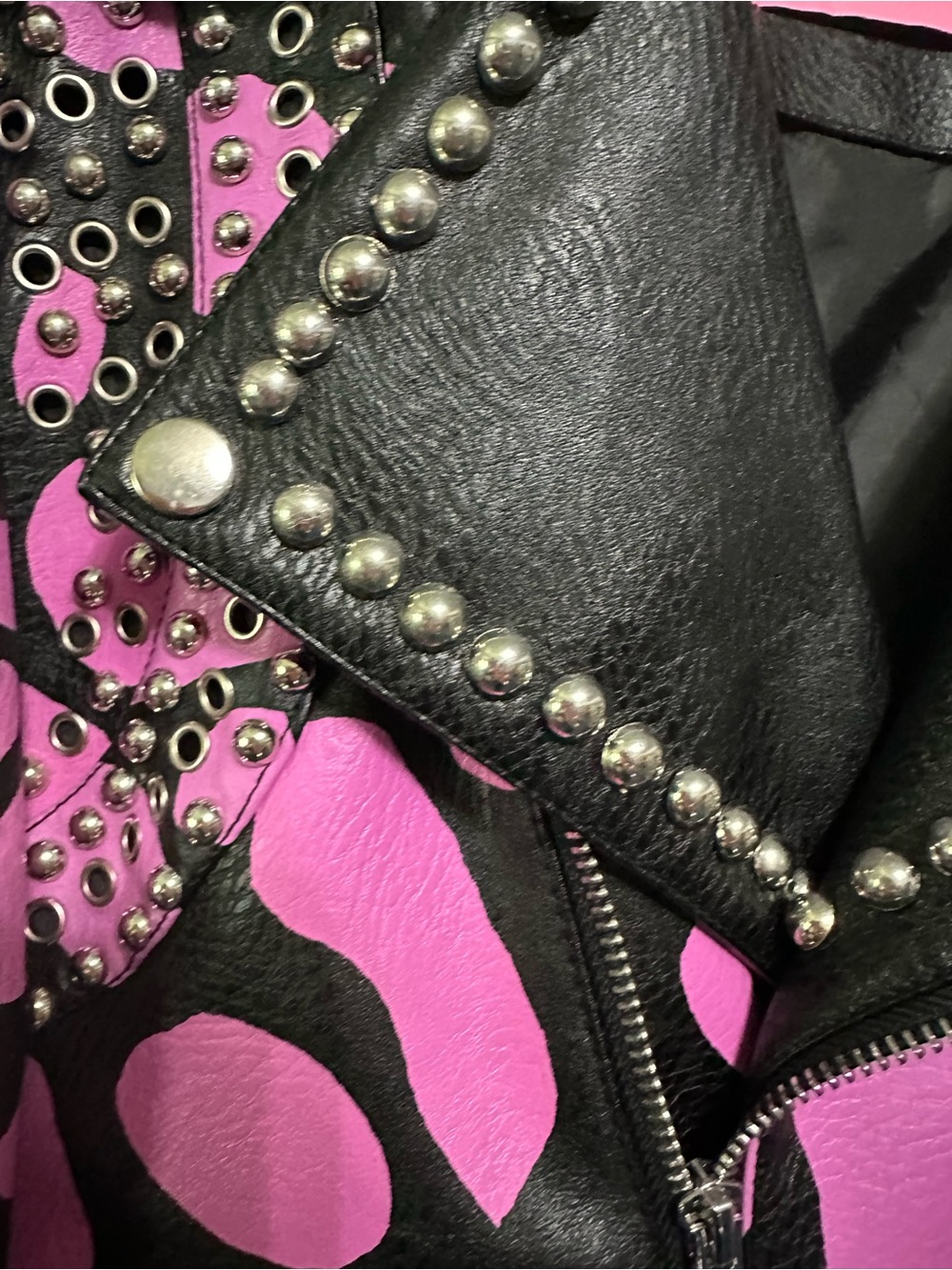 Azela Wang Studded Pink & Black Leather Motorcycle Jacket - Women S - Picture 6 of 13